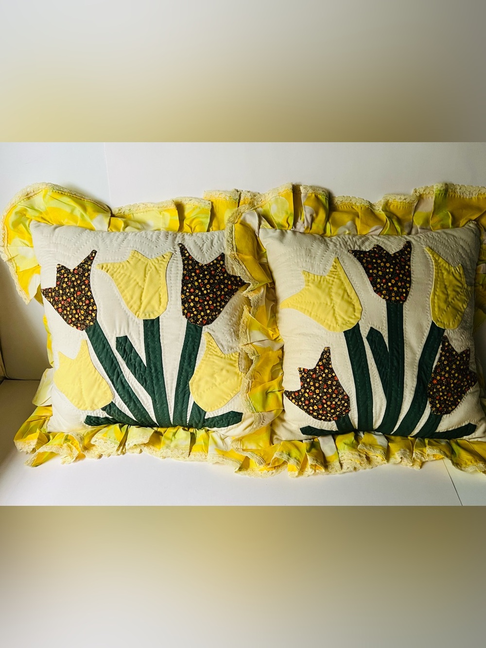 Vintage set of twoYellow Tulip Quilted Pillow Shams with Ruffle Trim